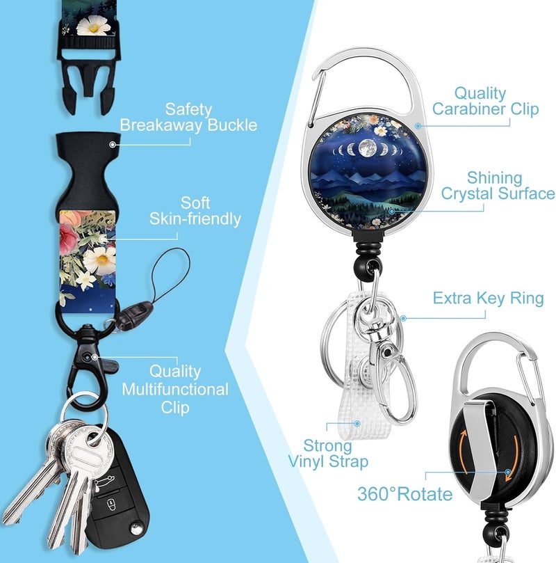 Piefly Lanyards for Id Badges, Badge Holder with Retractable Reel Clip, Detachable Moon Mountain Flower Night Work Name Tag Lanyard Vertical ID Card Protector for Women Nurse Doctor Teacher Student - Image 4